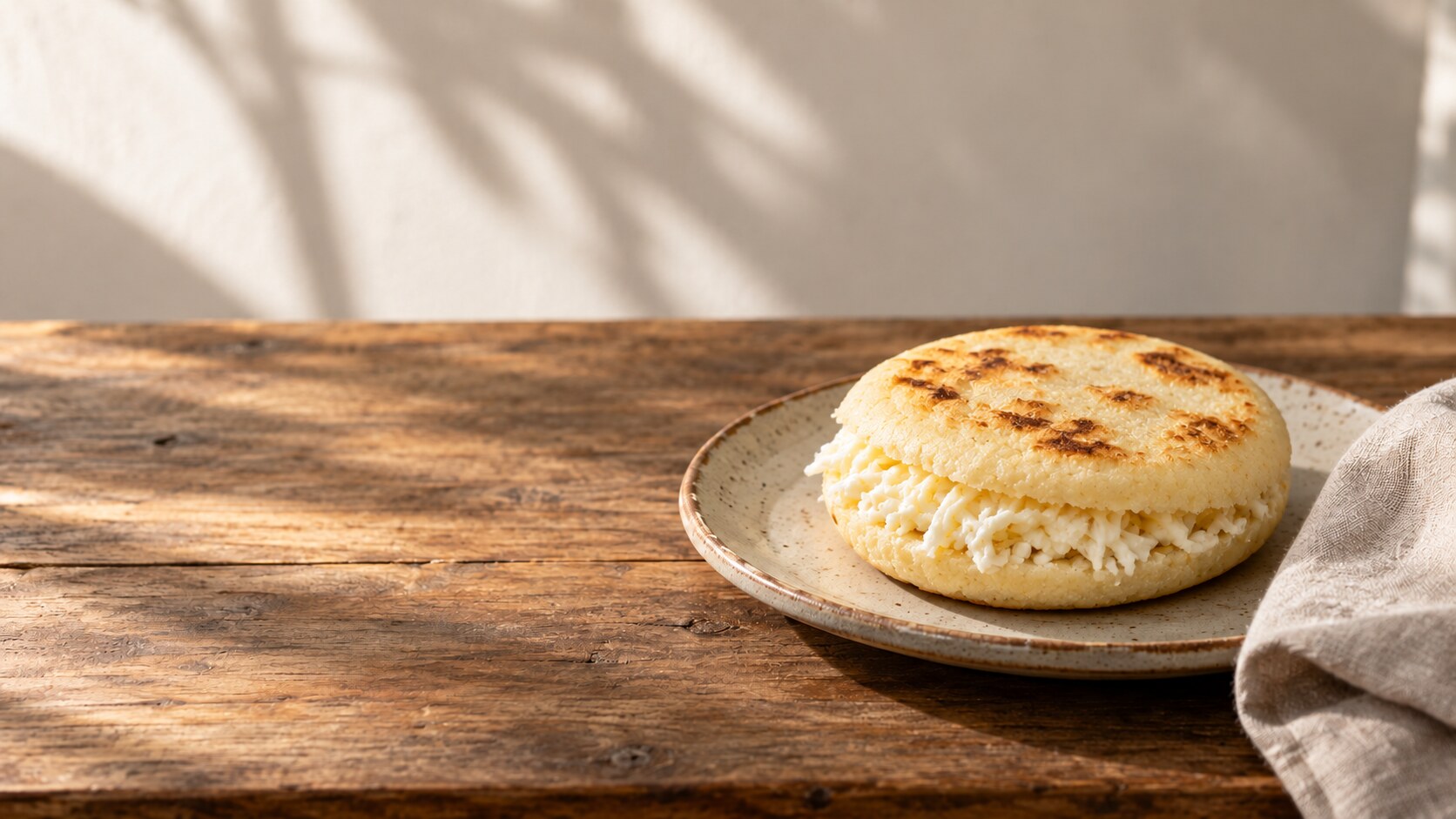 Eine goldbraun gebackene Arepa mit weißem Käse auf einem schlichten Teller